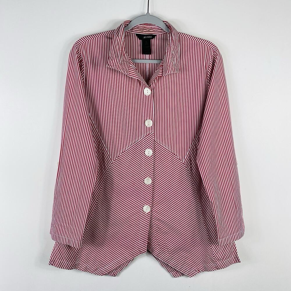 Ali Miles Tunic Top Small Striped Button Front Roll Tab Cotton Blend Red White